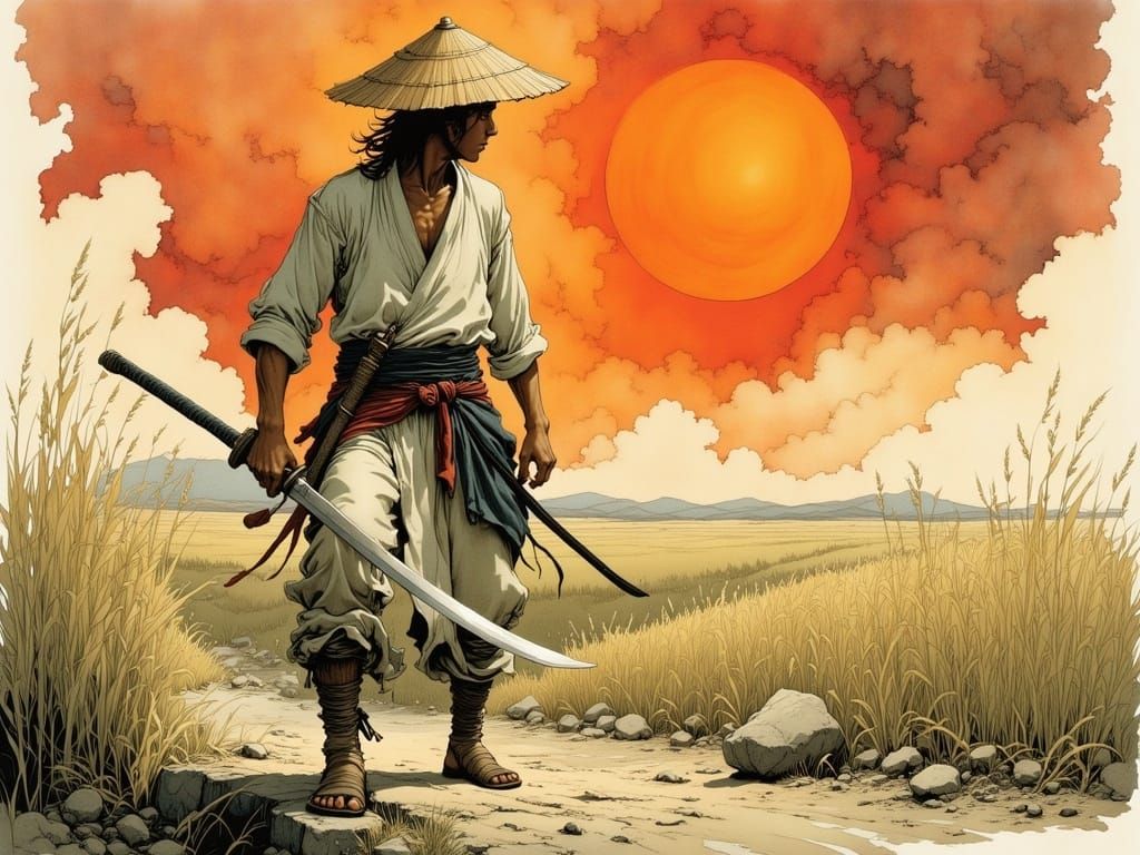 Gritty Japanese Swordsman in Weathered Stance
