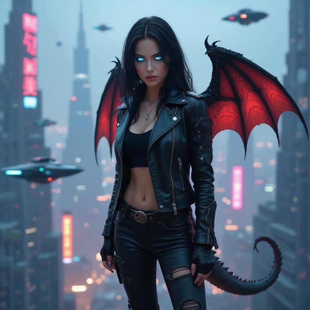 Cyberpunk Dragon Woman in Dystopian Metropolis