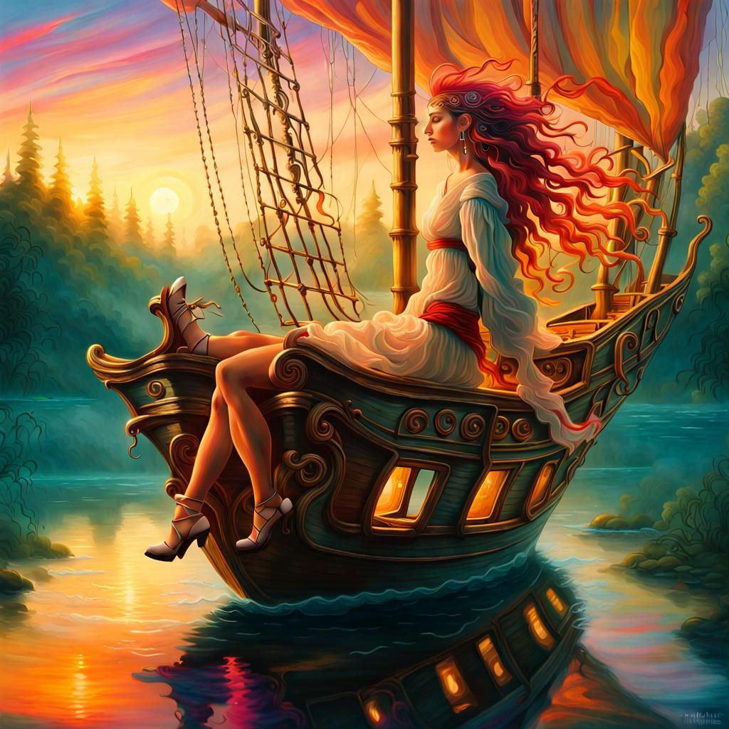 Luminous Woman on Glass Pirate Ship, Surreal Oil Painting