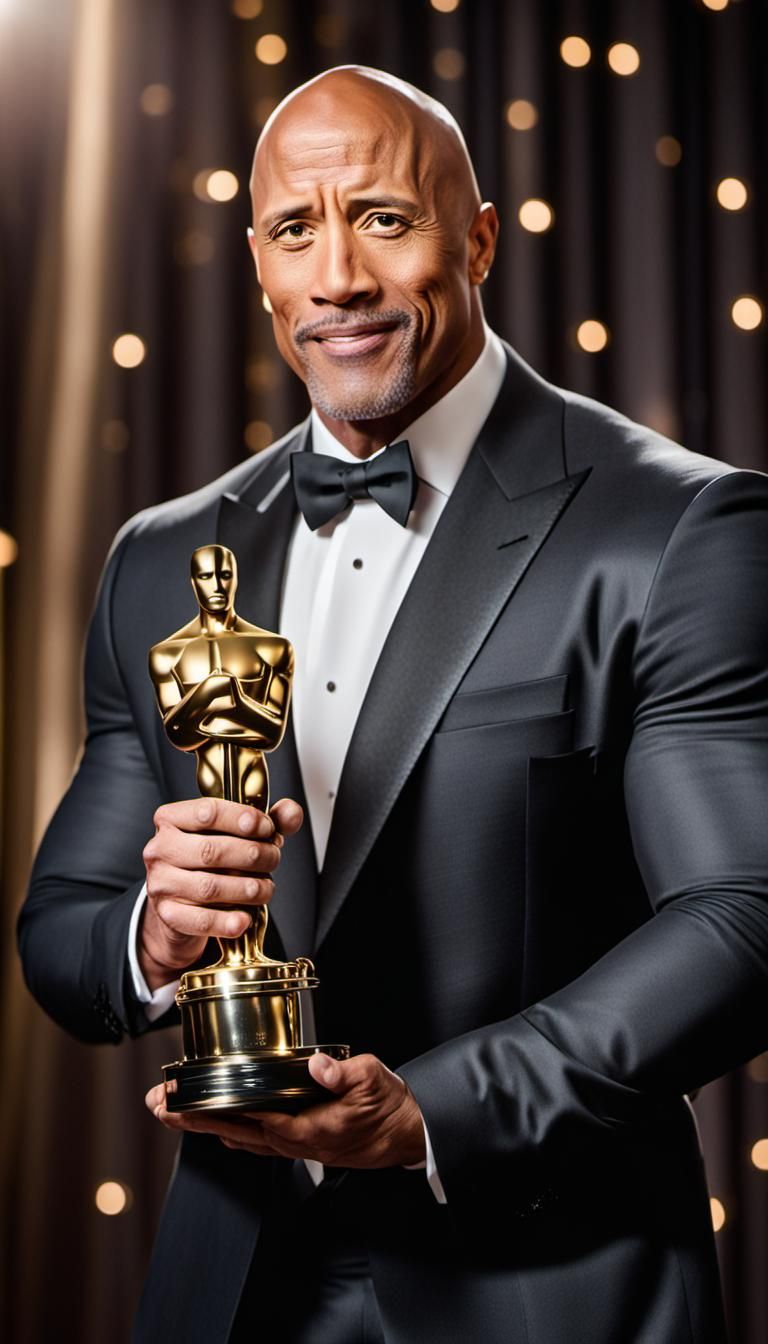 Dwayne Johnson holding the Academy Awards Oscar Trophy
