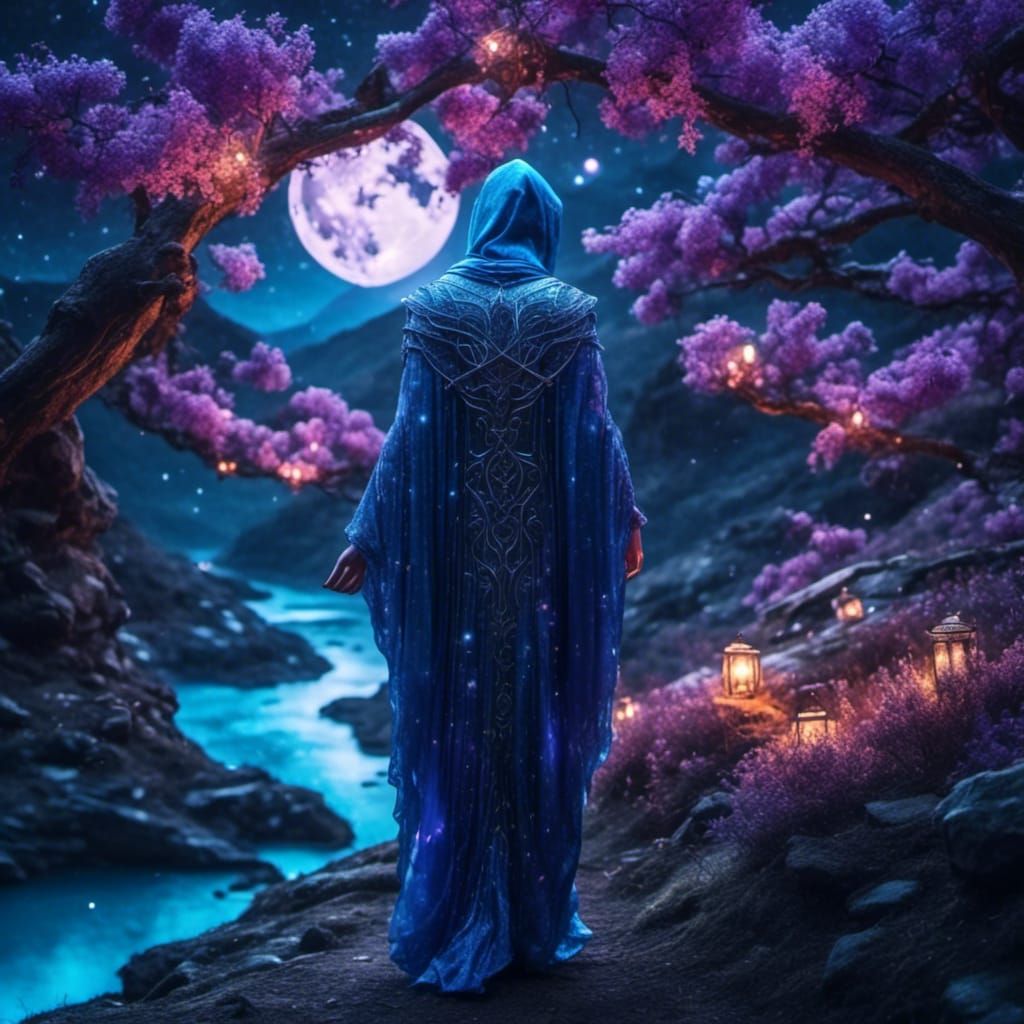 Elf Wizard in Wisteria Forest at Night