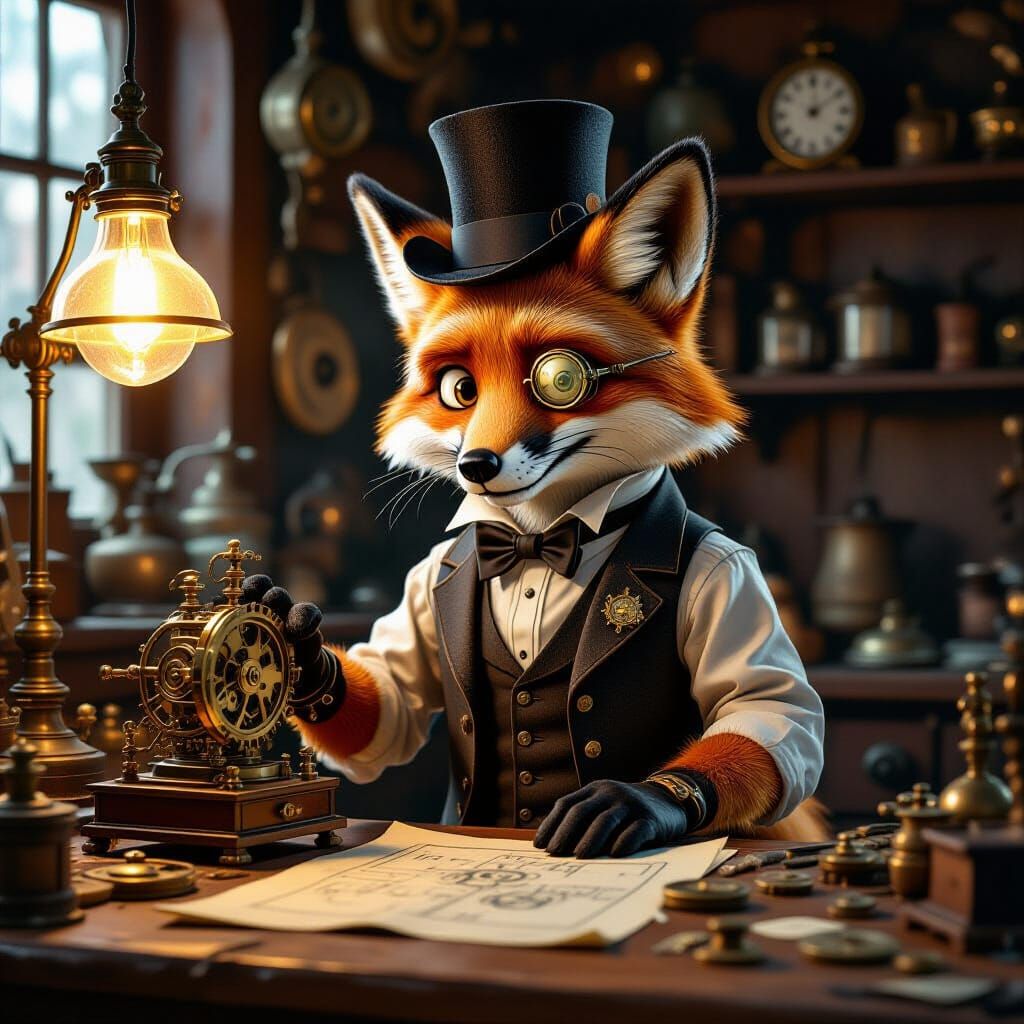 Fox with Monocle Studies Clockwork Mechanism