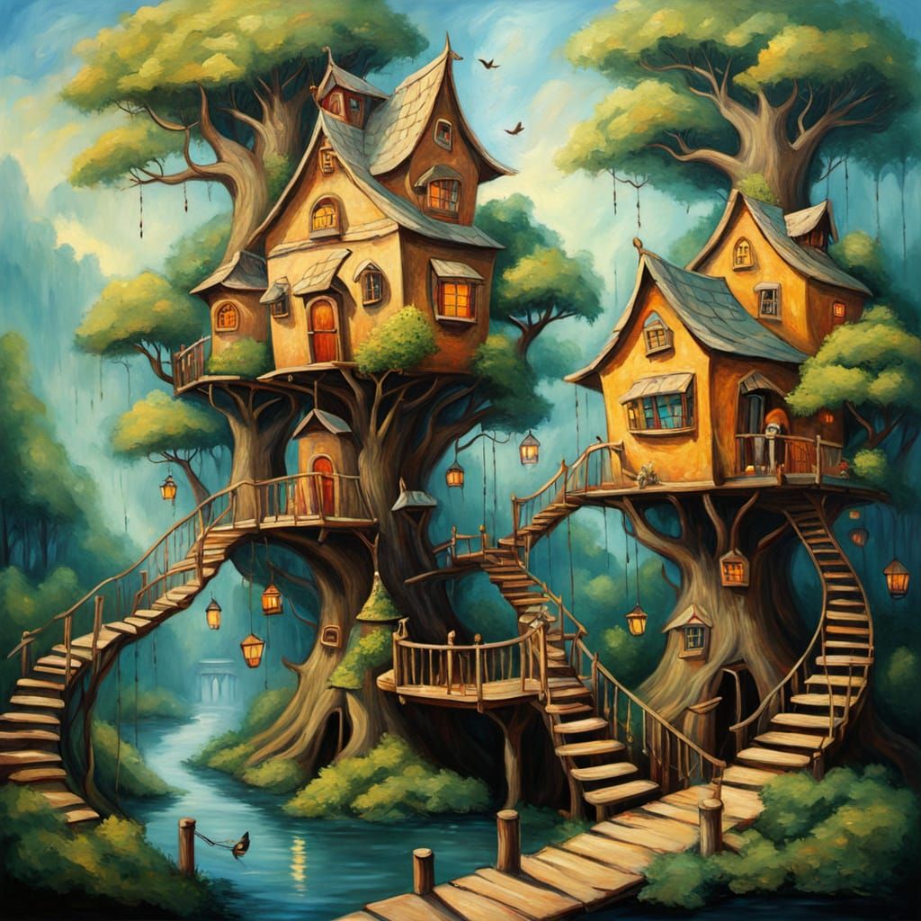 Enchanted Treehouse Village in Vibrant Oil Painting