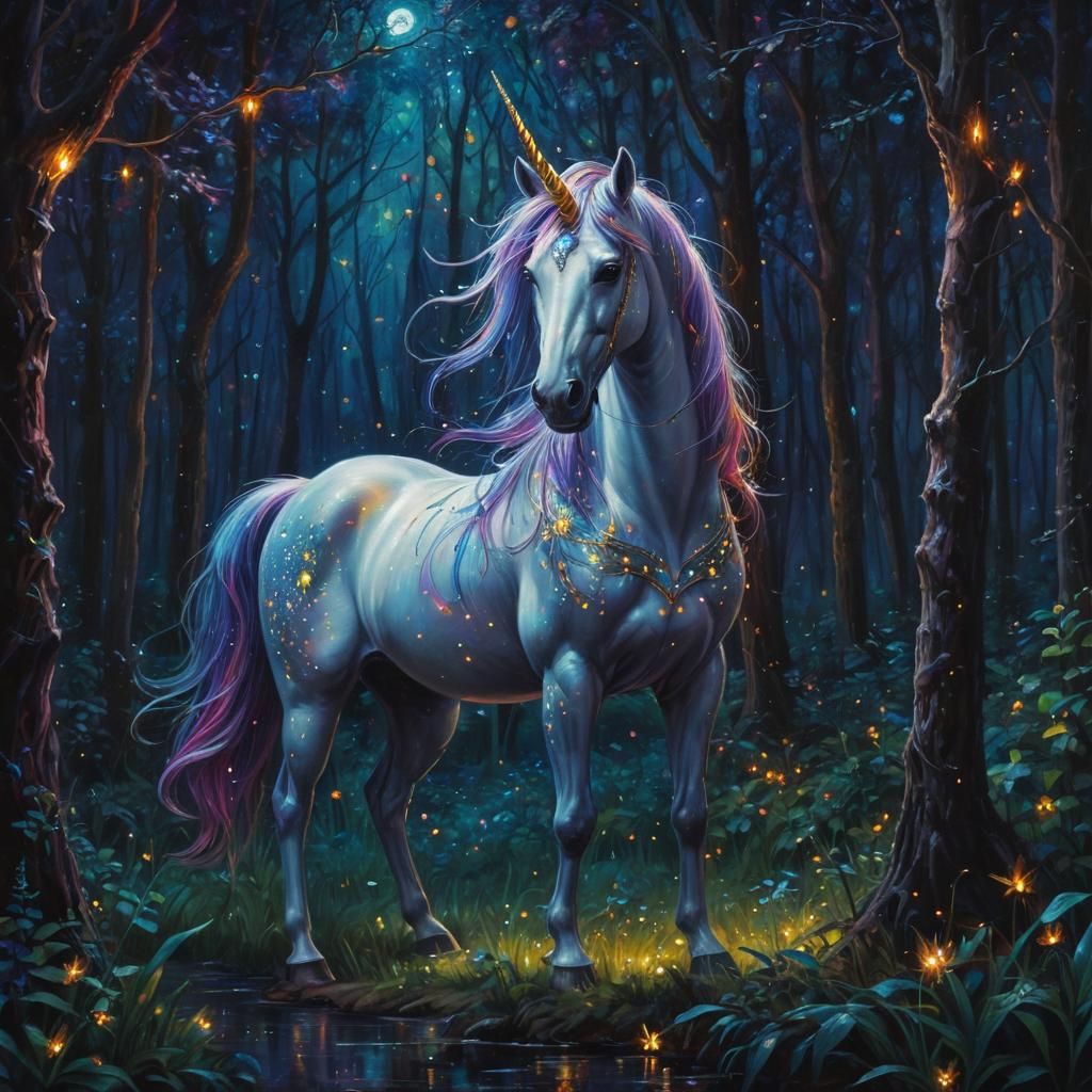 Glowing Unicorn in Mystical Forest: Oil Painting