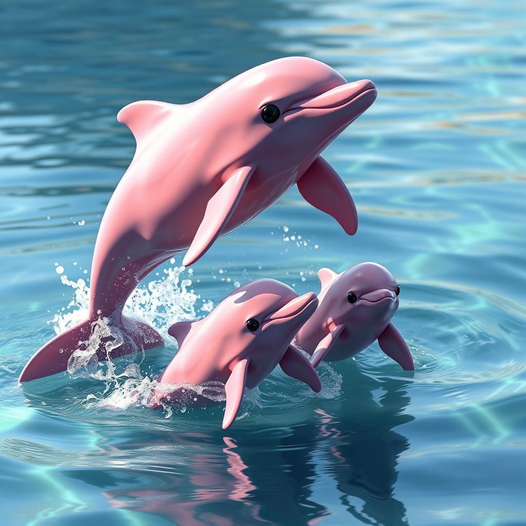 Pink Dolphin Family Playful 3D Render