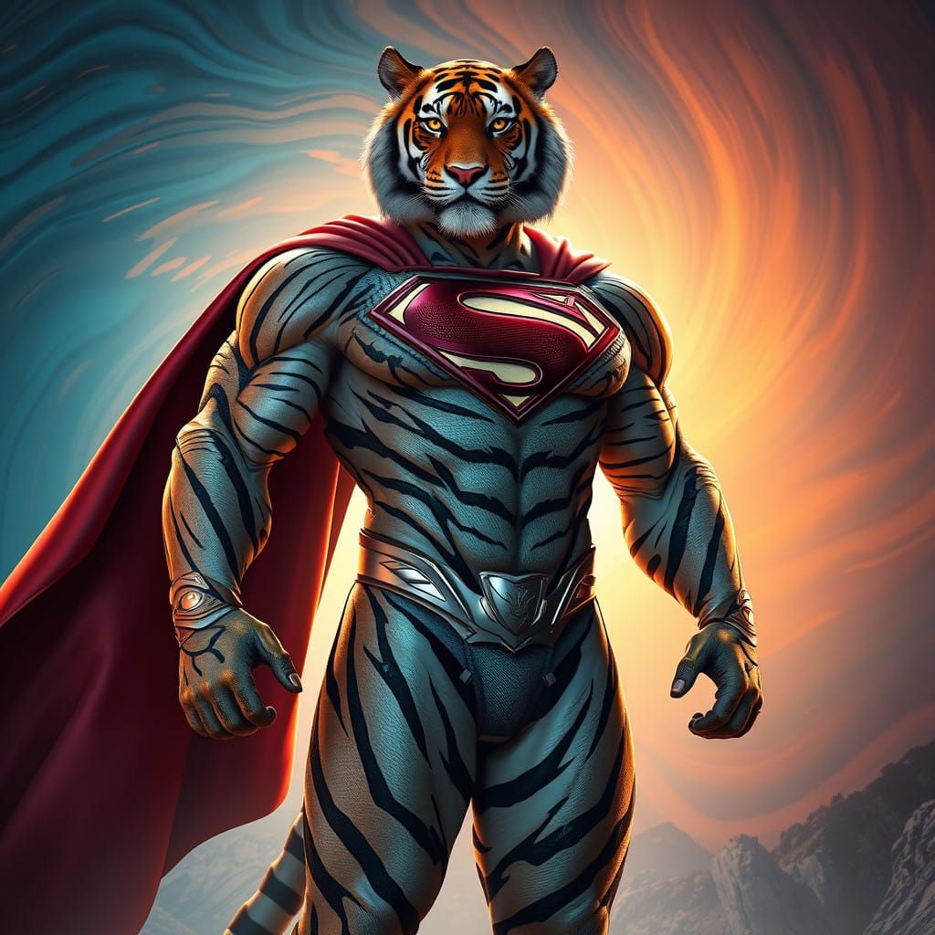 Heroic Tiger-Superman Hybrid in Vibrant Futuristic Landscape
