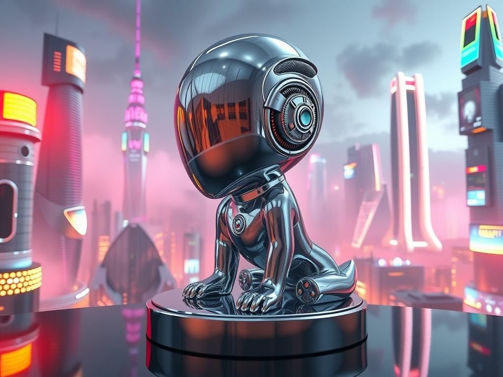 Enameled Glass Figurine in Futuristic Cityscape