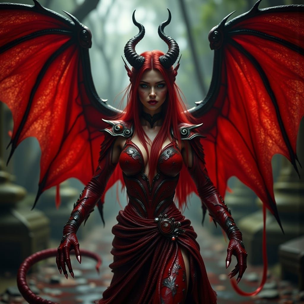 Elegant Female Demon in Crimson Armor