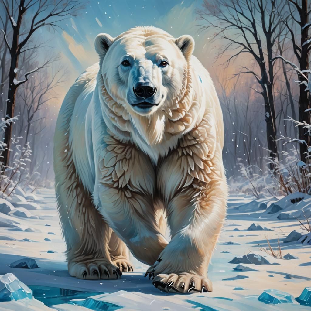 Lední medvěd s bílou srstí, modrýma očima a tenkými černými linkami kolem očí, má tmavě hnědý čenich a chodí během zimní...