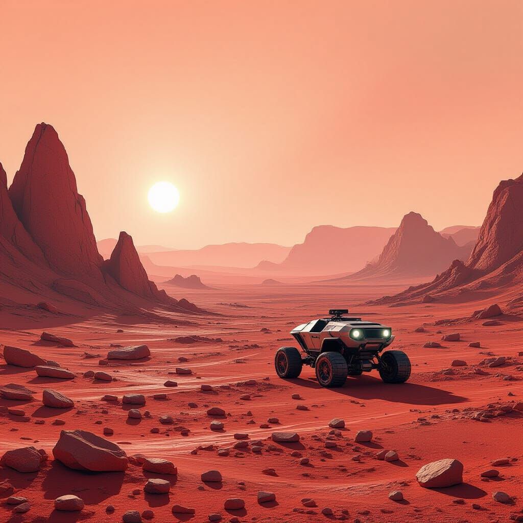 Desolate Martian Landscape with Crystalline Rocks and Rover