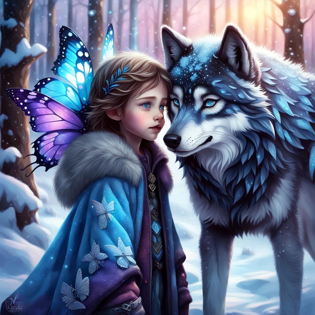 Winter Fairy Child and Wolf in Snowy Landscape