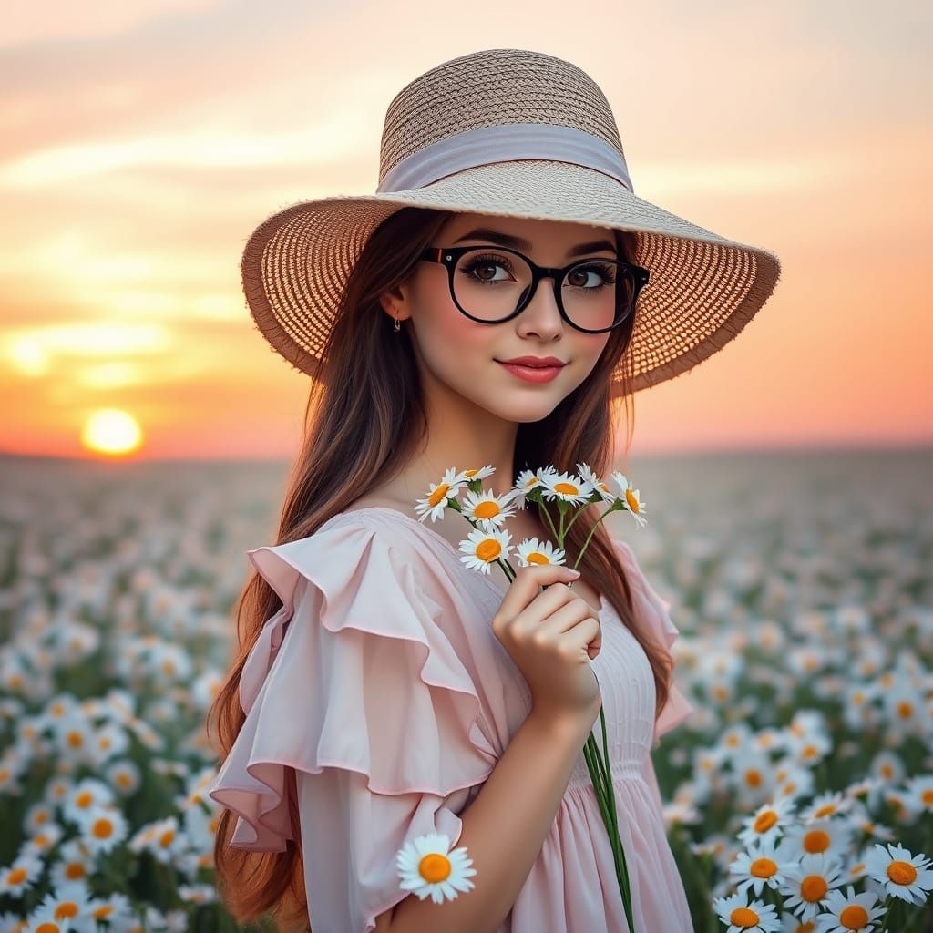Serenely Standing in a Field of Daisies at Sunset, in Whimsi...