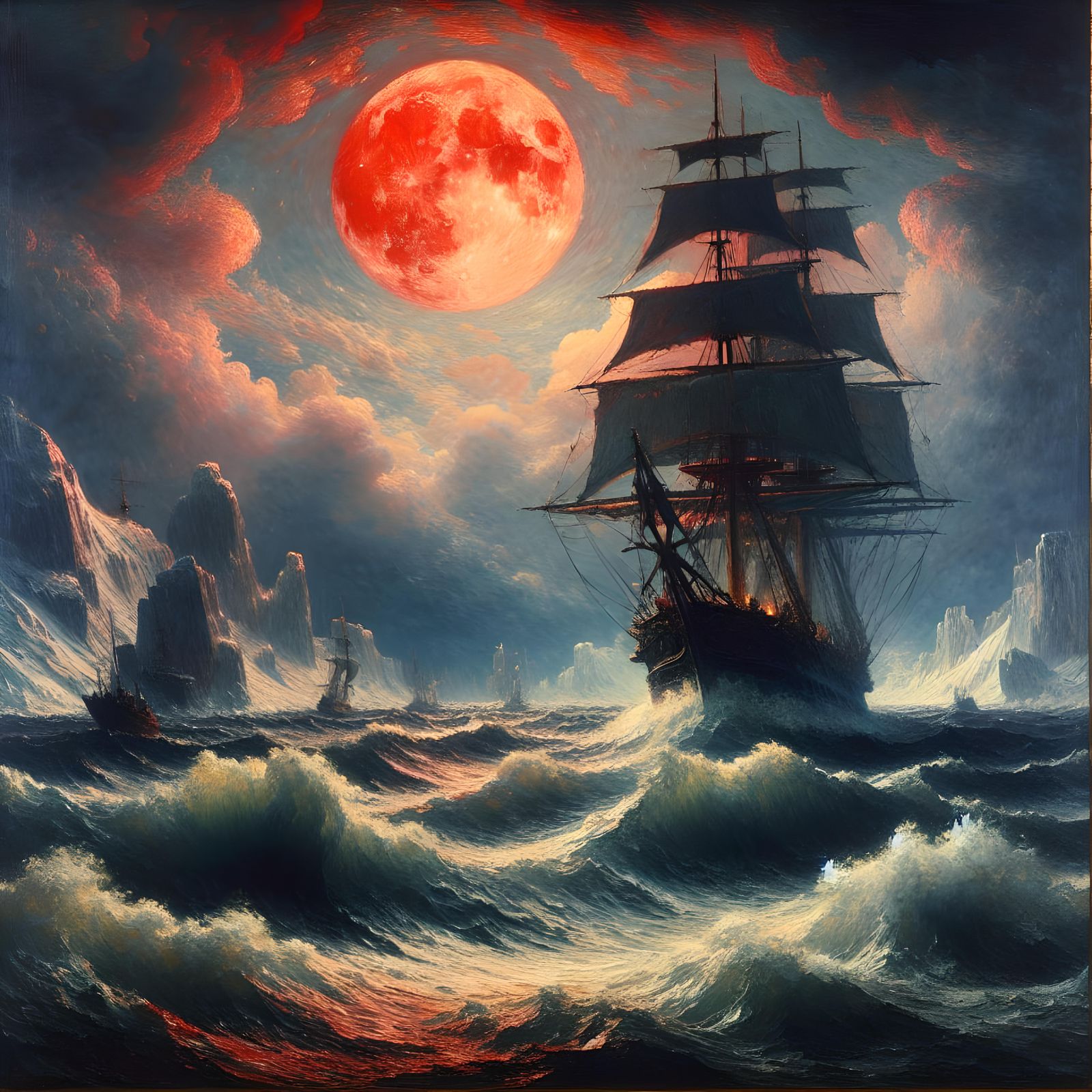 Sailing Ship Battles Stormy Sea: Impressionist Impasto Paint...