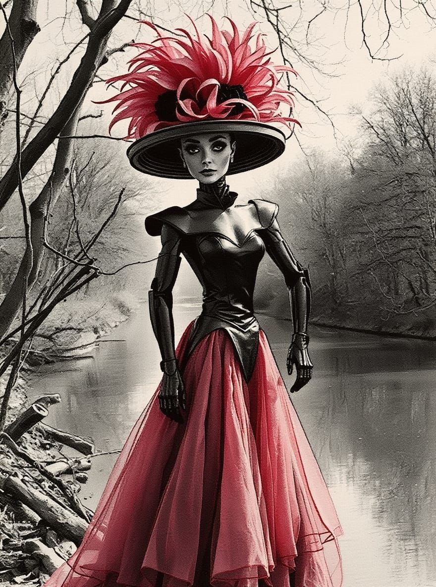 Woman Walking on Sunlit Street in Ink Wash Style