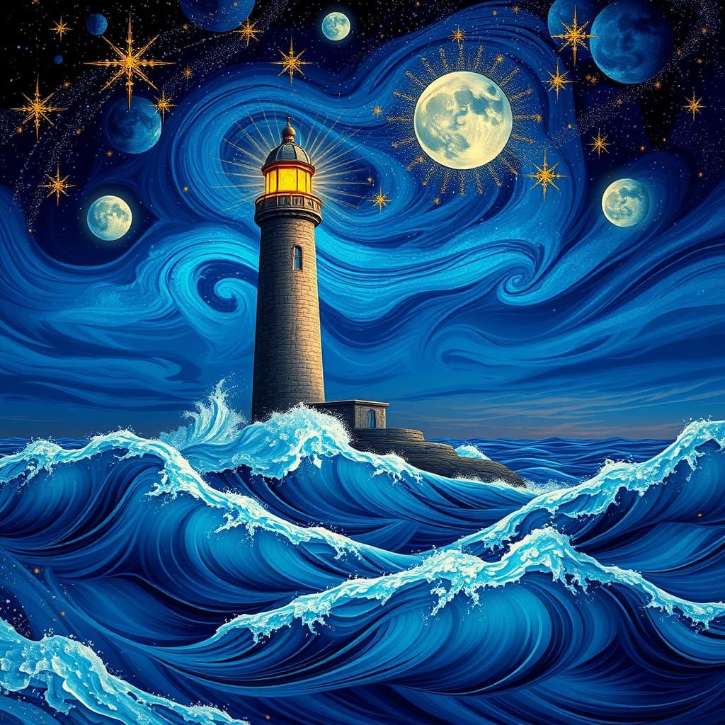 Gothic Lighthouse in Van Gogh-esque Celestial Seascape