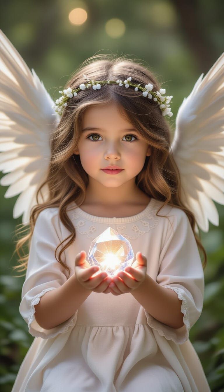 Enchanted Forest Girl Holds Glowing Crystal in Serene Glow