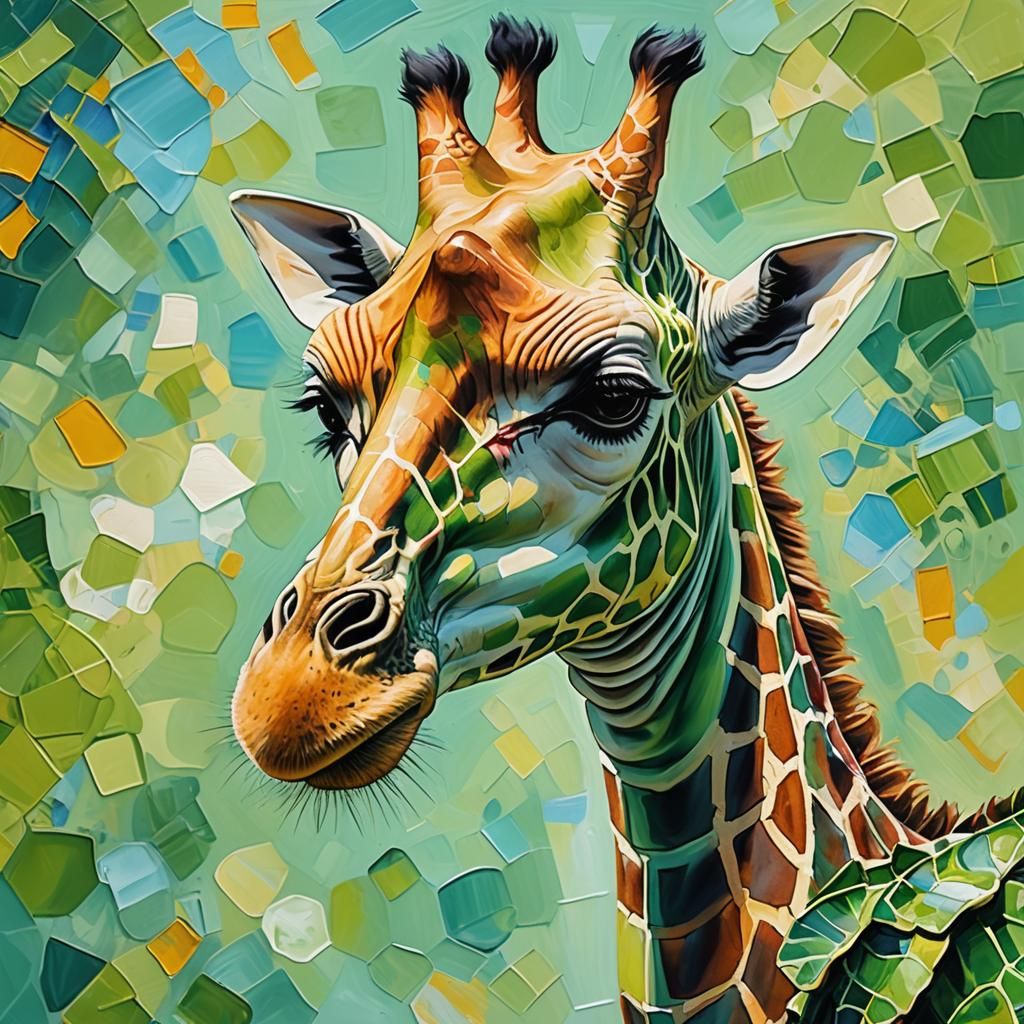 Happy Green Giraffe in Oil Painting With Turtle Shell