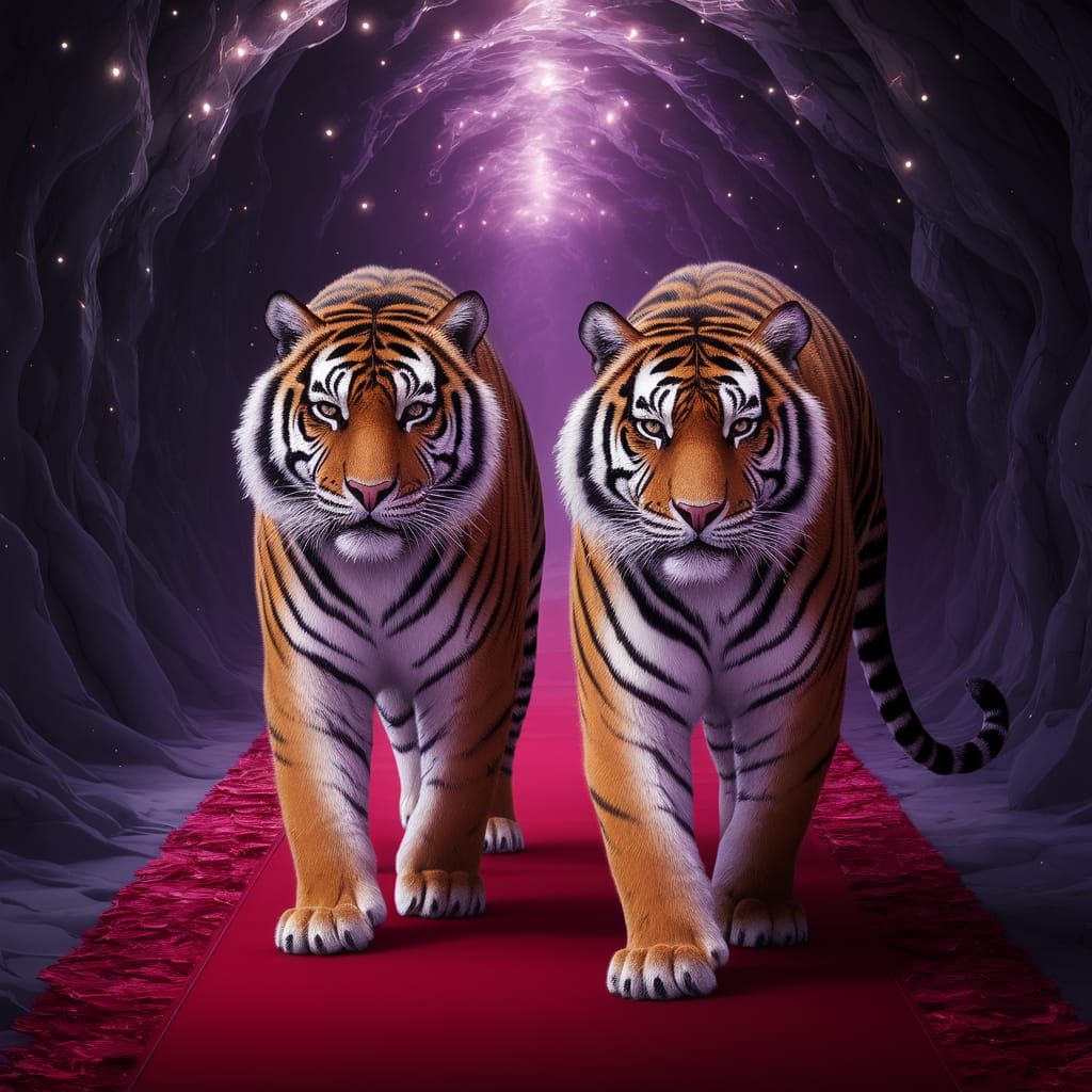 Majestic Tigers Stroll Down a Crimson Red Carpet in Dark Fan...