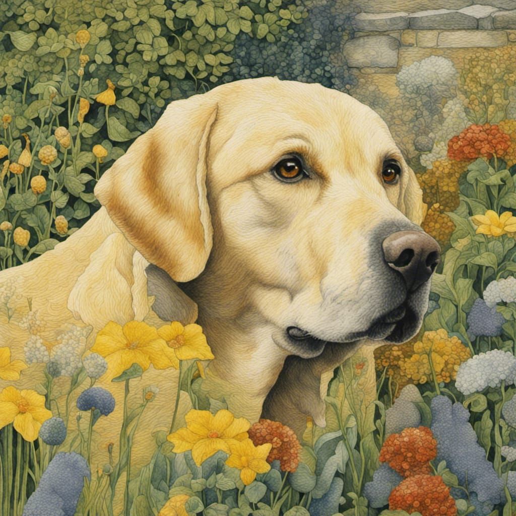 Yellow Labrador in Quaint Garden: Mixed Media Collage