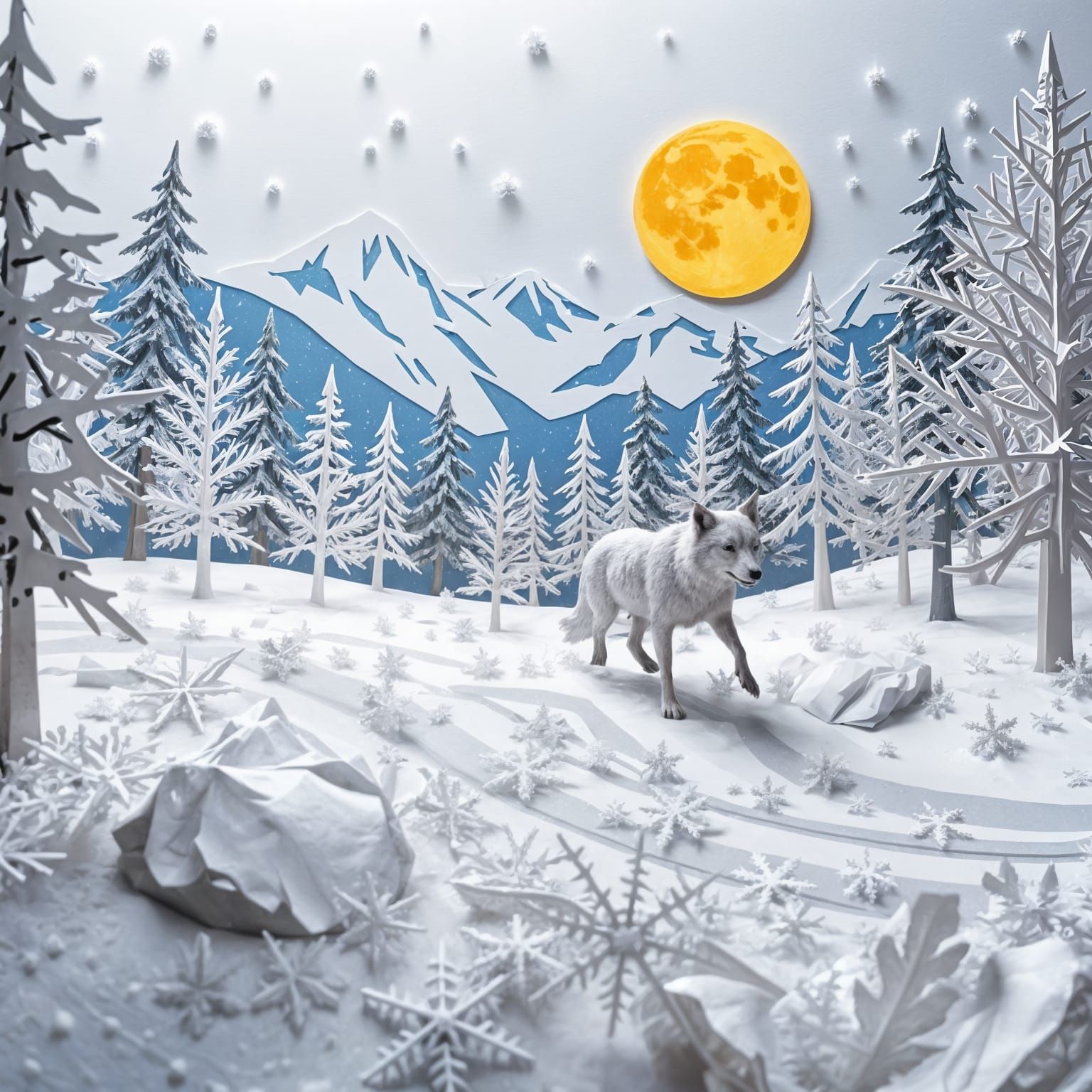 Intricate Paper Forest Scene with Wolves and Moon