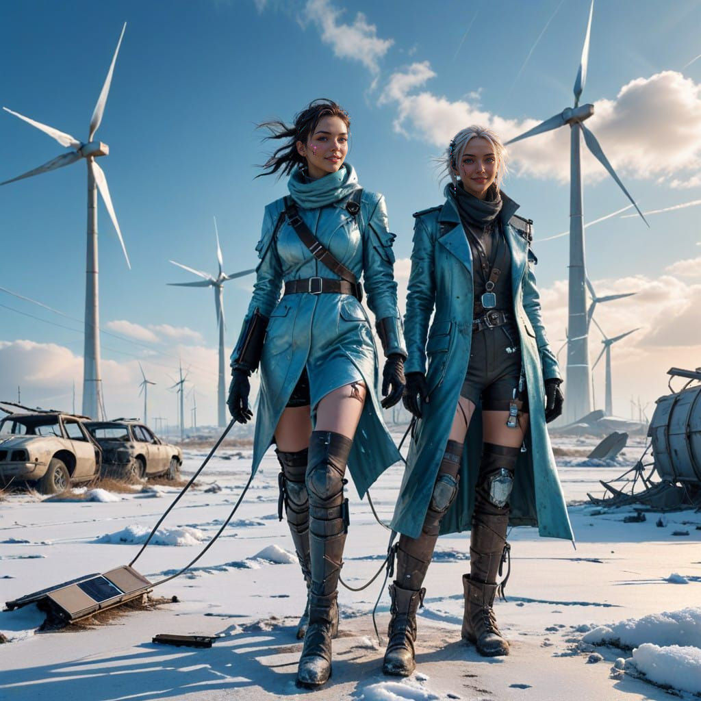 Cyberpunk Women Walk Amidst Abandoned Solar Panels in Faintl...