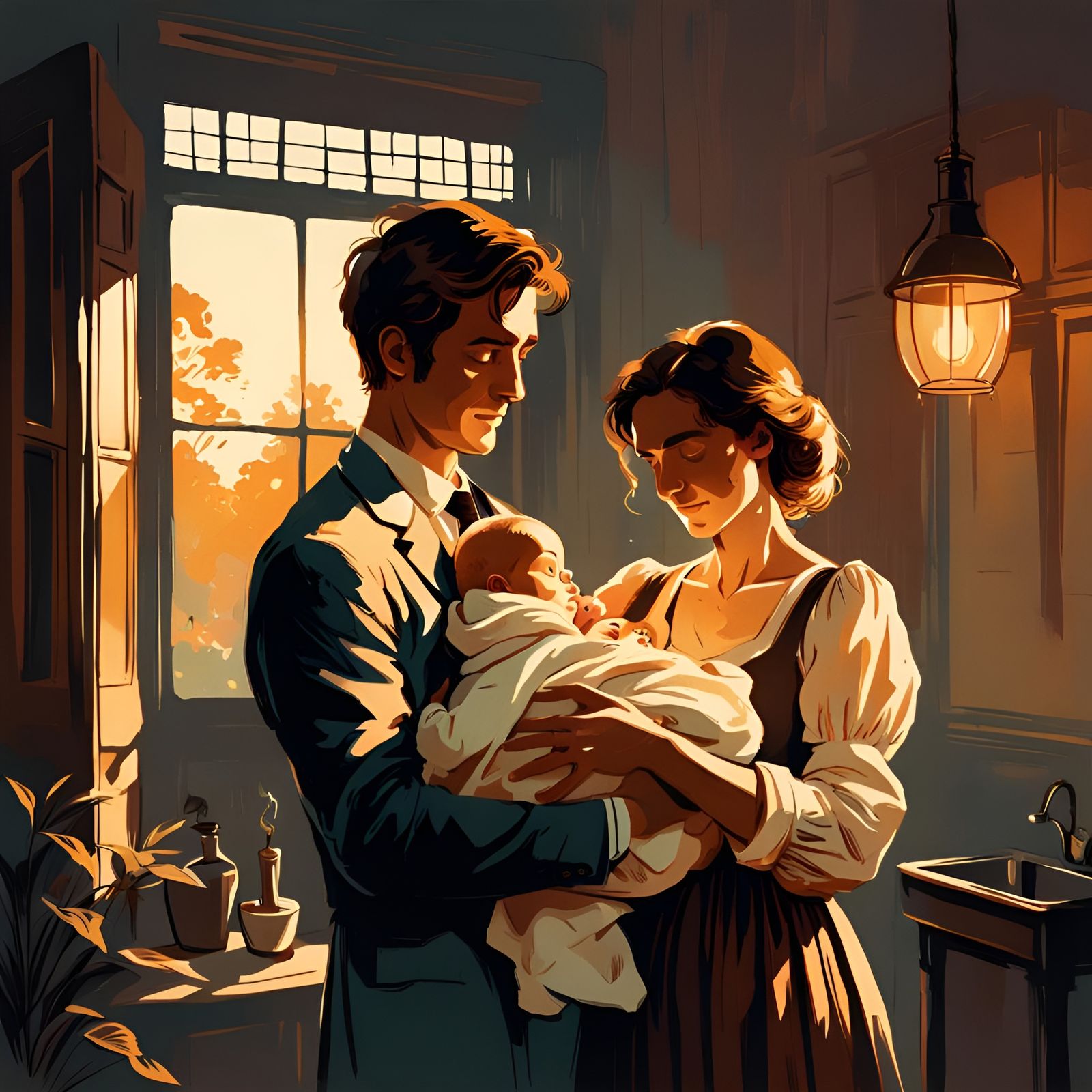 Young Couple with Baby in Lithograph Style