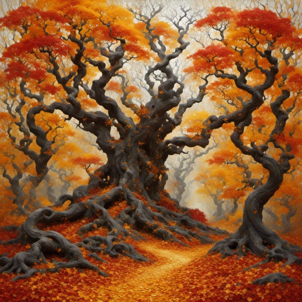 Autumn Park Scene in Hyperrealist Oil Painting