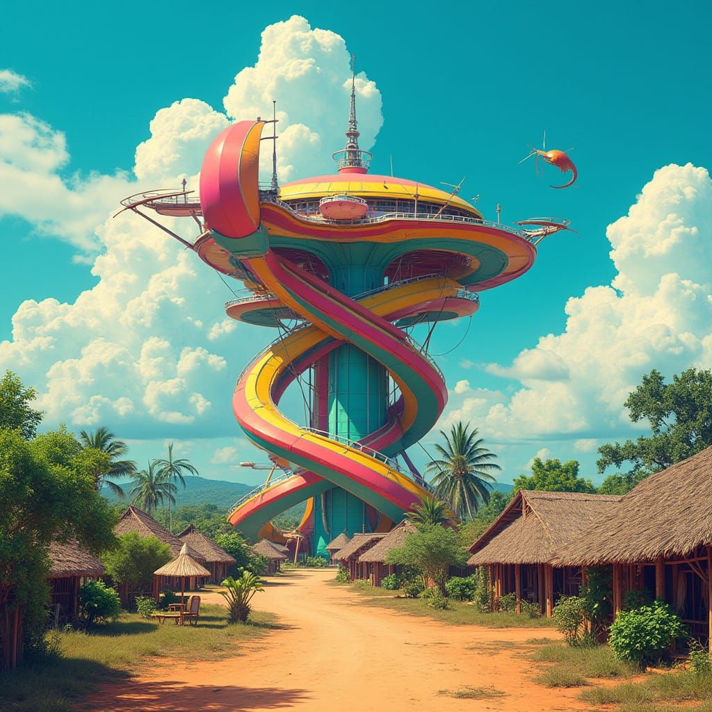 A Futuristic Village Oasis in Vibrant, Afrofuturist Style