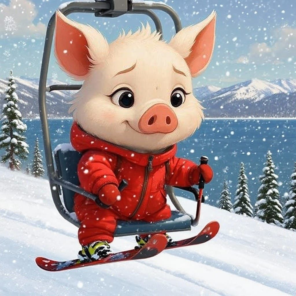 Pig Character in Red Snow Gear Skiing Heavenly Valley