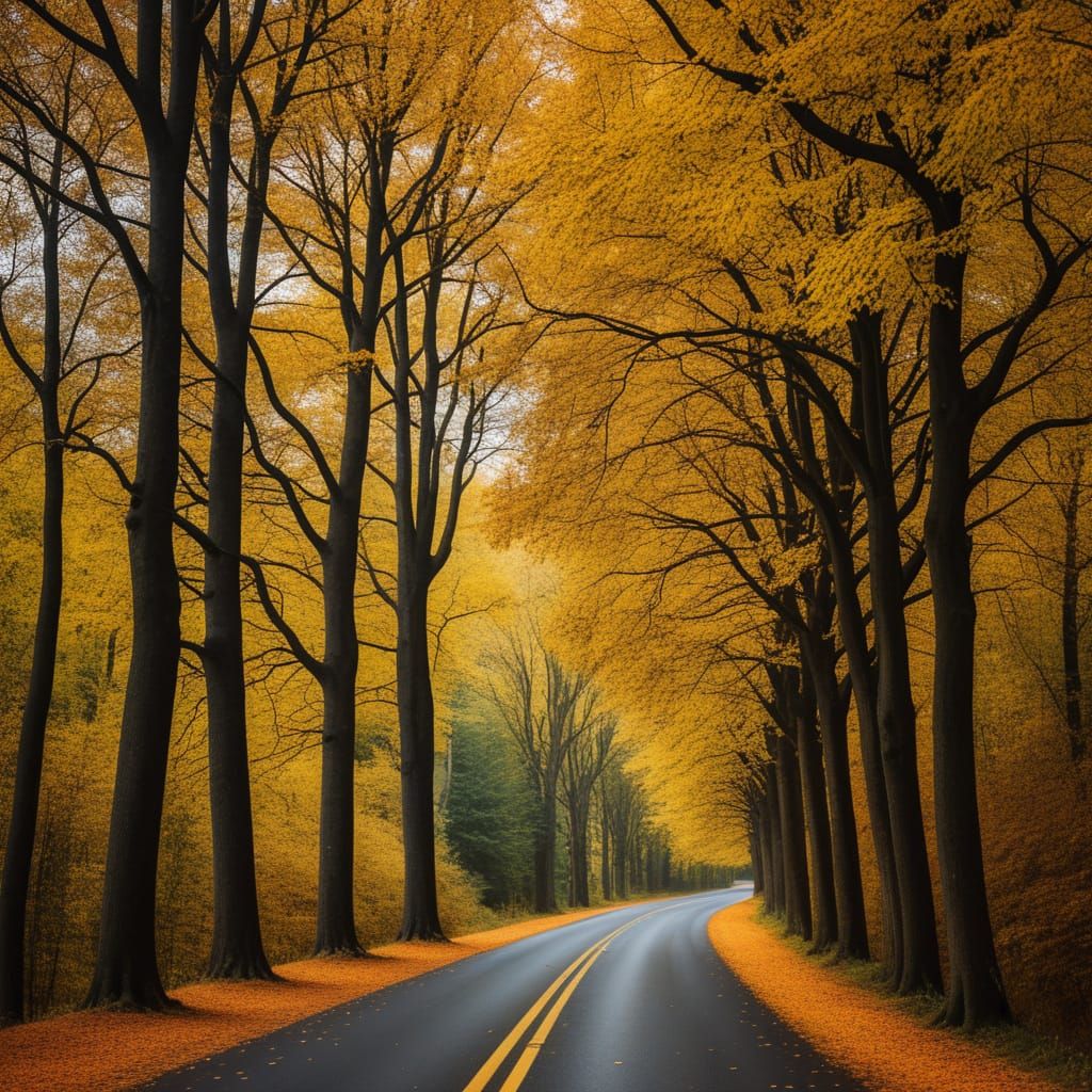 A winding road lined with trees during autumn 136
