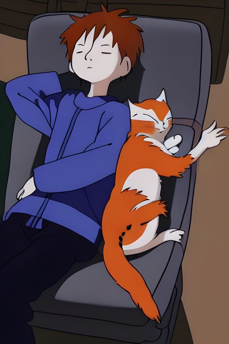 Boy and Cat Napping, Ghibli Cartoon Style