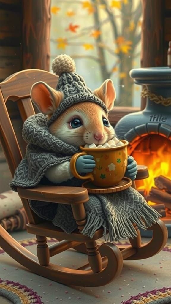 Cozy Mouse Sips Hot Chocolate by the Fireplace