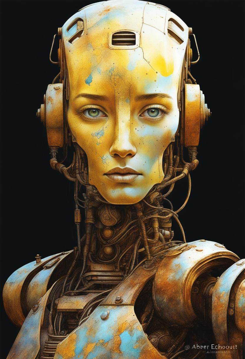 Rusted Robot Portrait in Surreal Dreamscape Style