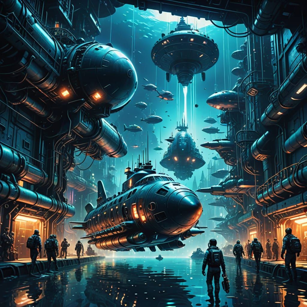Underwater Sci-Fi Transportation in a Glowing City