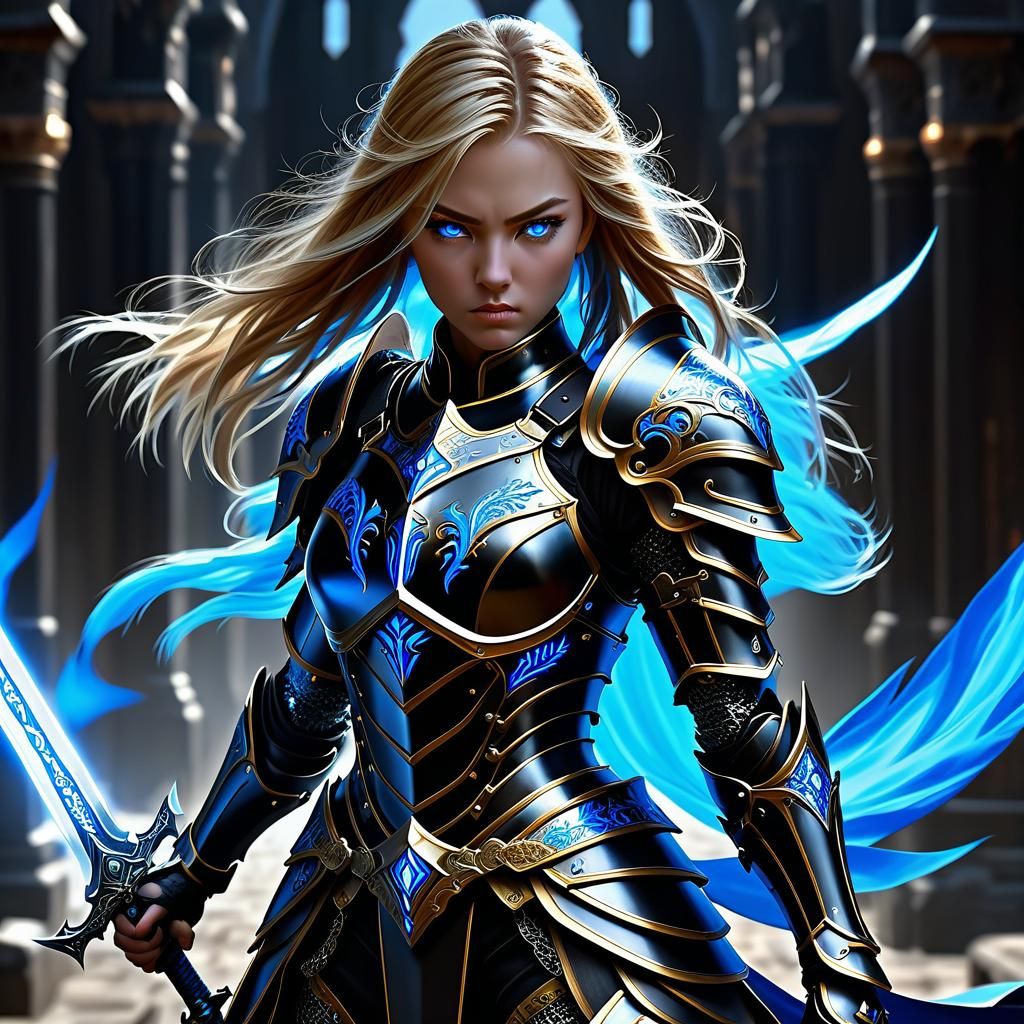 Female Paladin Warrior in Black Steel Armor