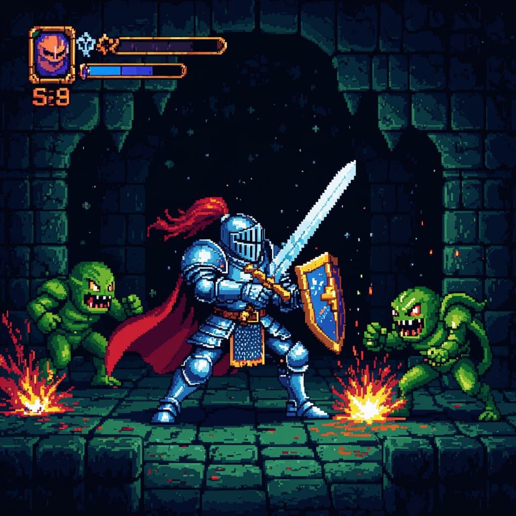 Pixelated Knight Battles Monsters in Retro Dungeon