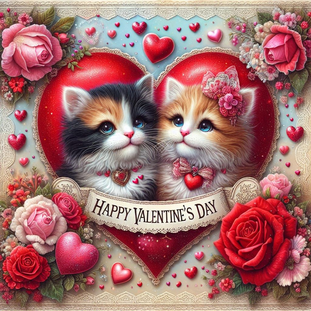 Hyper-Realistic Valentine's Day Card with Adorable Calico Ca...