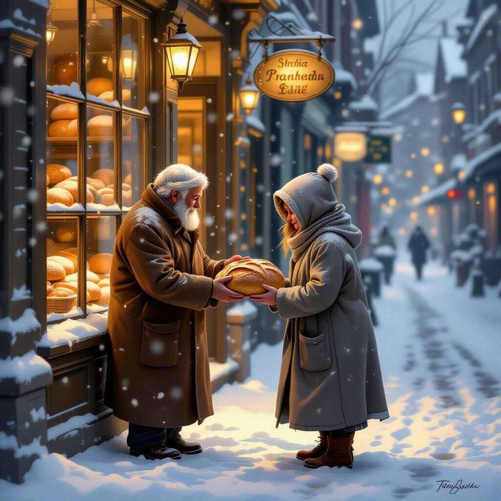 Elderly Baker Gives Bread to Stranger in Snowy Street
