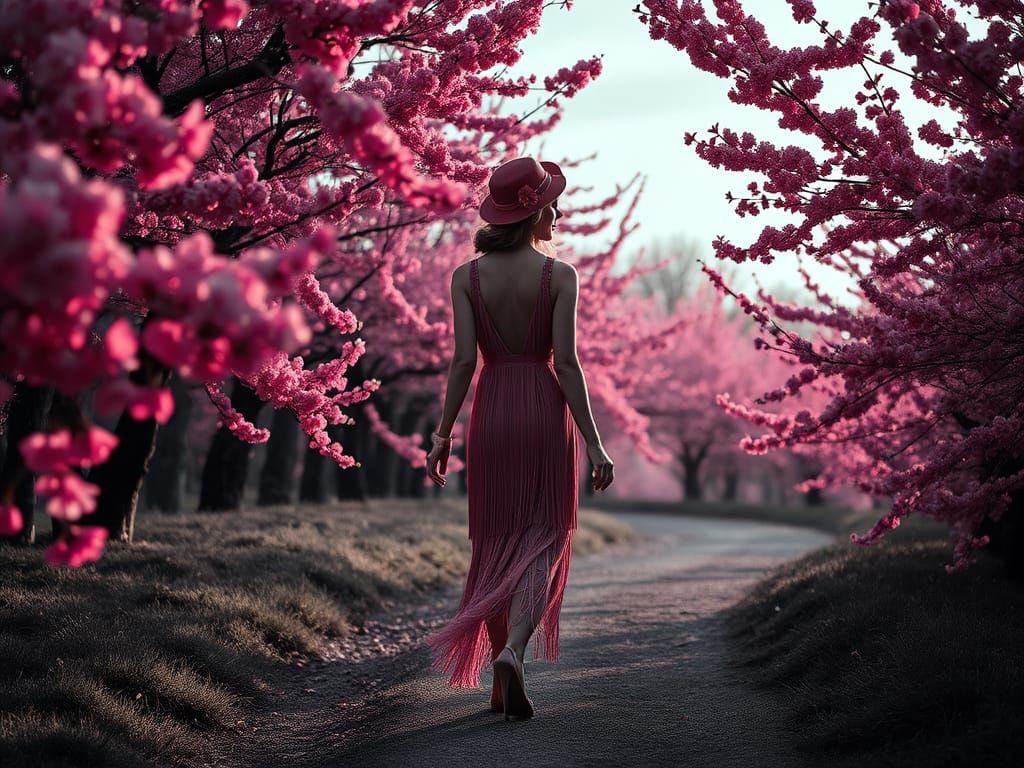 Flapper Girl Strolls through Whimsical Cherry Blossom Garden