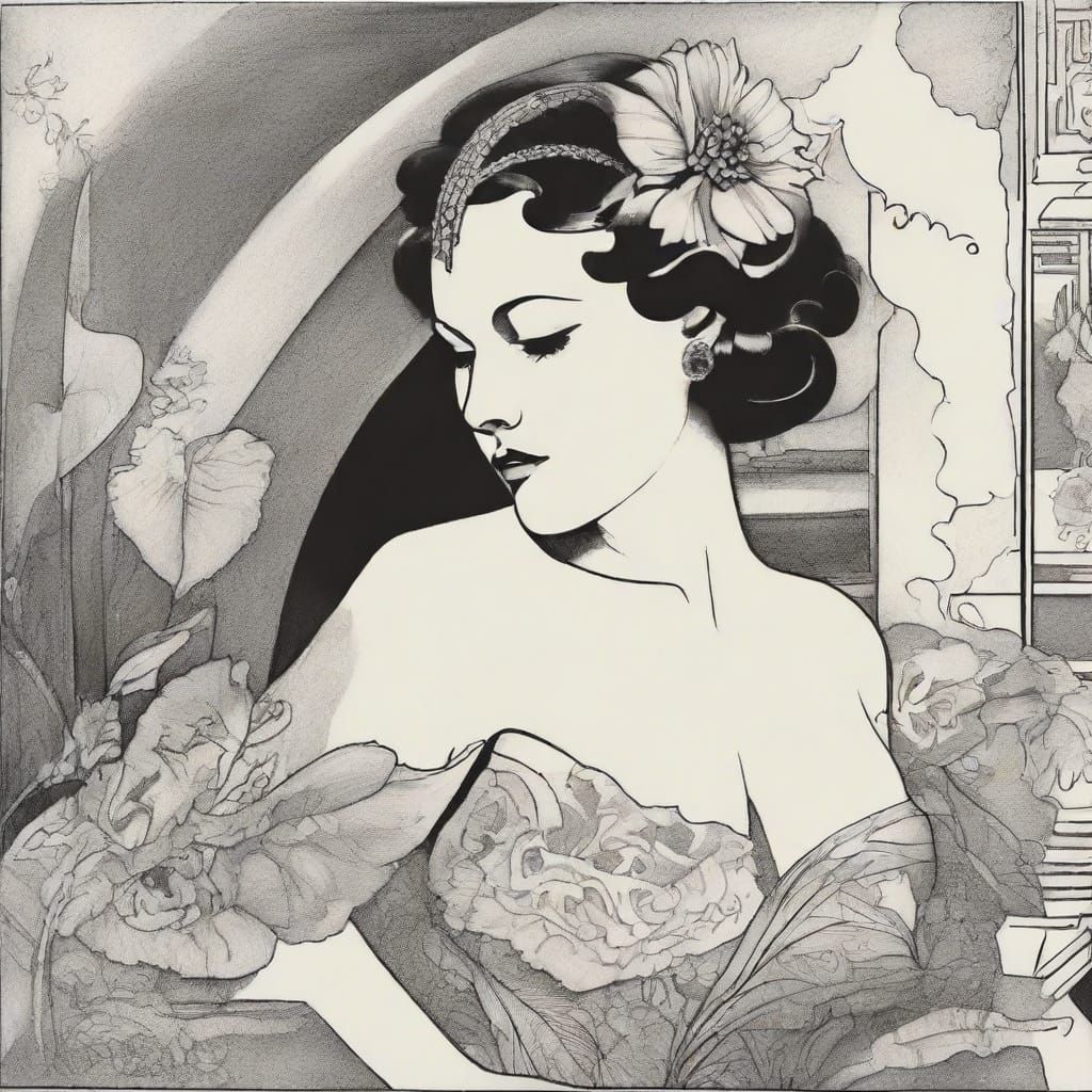 Elegant Art Deco Portrait in Ink Drawing Style