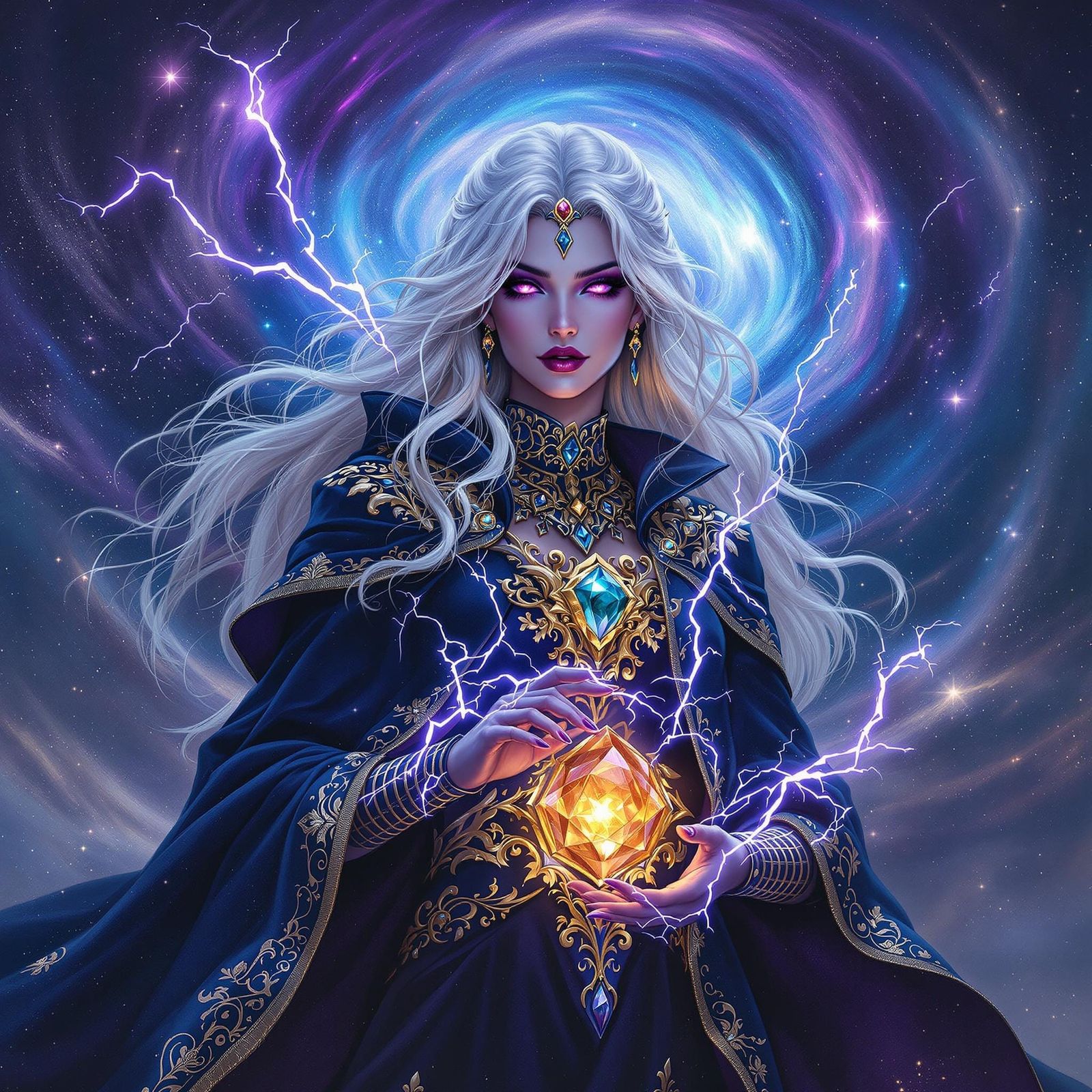 Regal Sorceress Amidst Cosmic Nebulae in Dreamy Oil Painting...