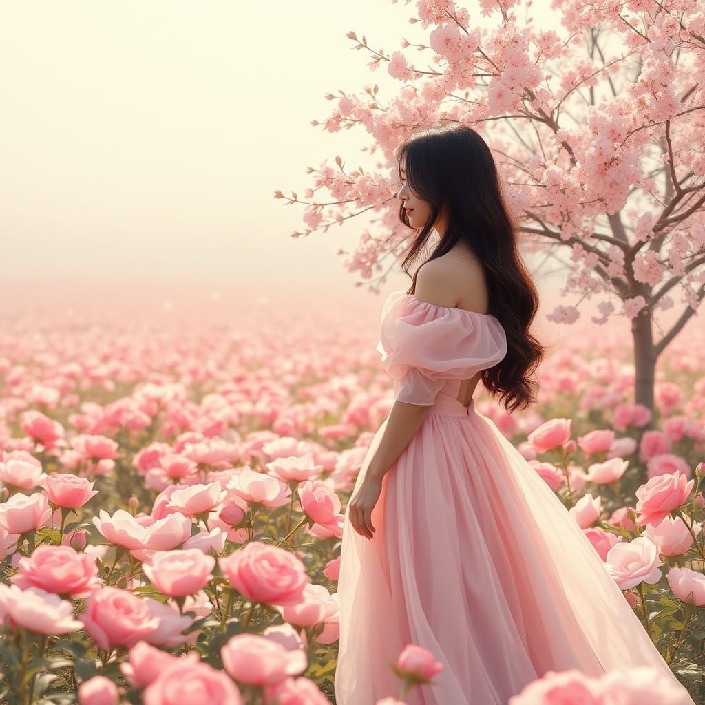 Woman in Pink Gown Amidst Rose Field and Sakura Tree