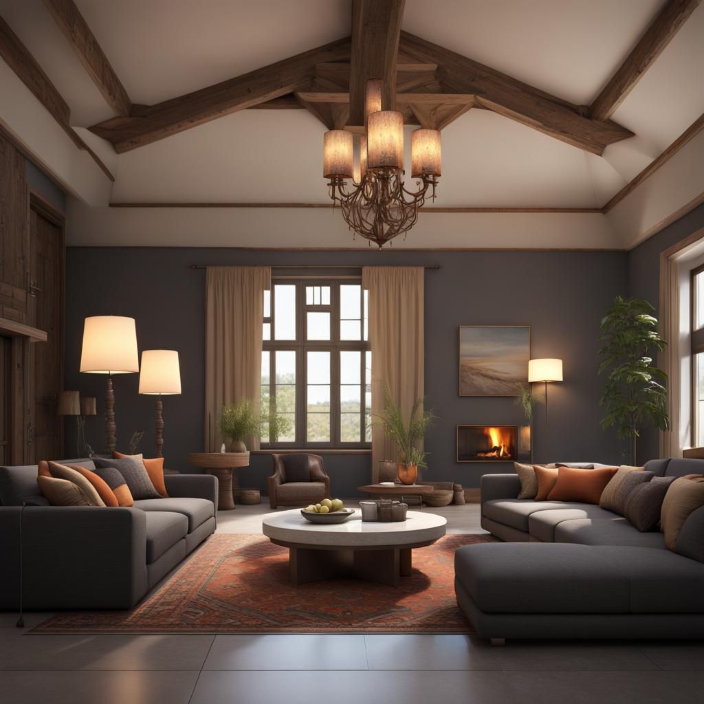 Modern Living Room Interior with Stone Fireplace