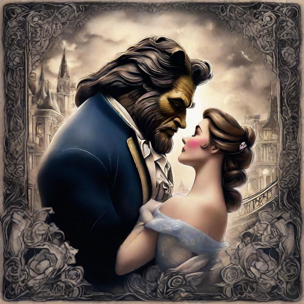 Belle and Beast Kiss Tattoo Design in Chiaroscuro