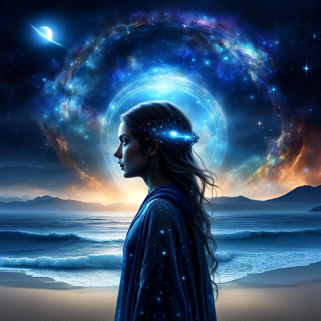 Ethereal Being Holding Universe in Eyes