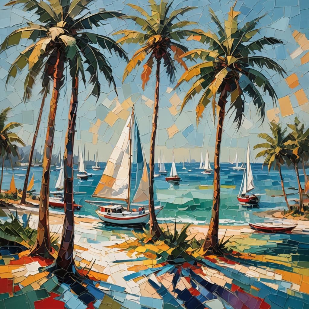 Abstract Expressionist Beach Scene with Sailboats