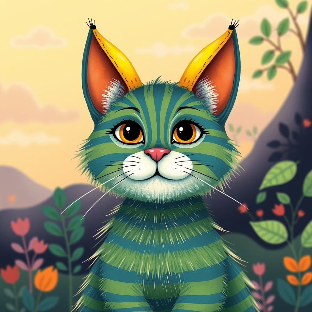 Whimsical Striped Cat with Banana Ears in Vibrant Folk Art S...