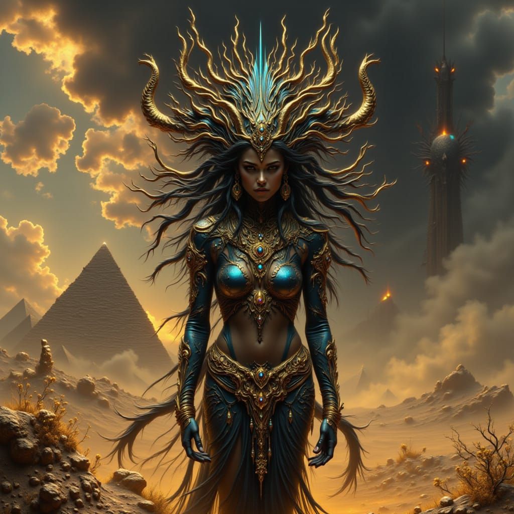 Egyptian Horned God in Mystical Desert Landscape