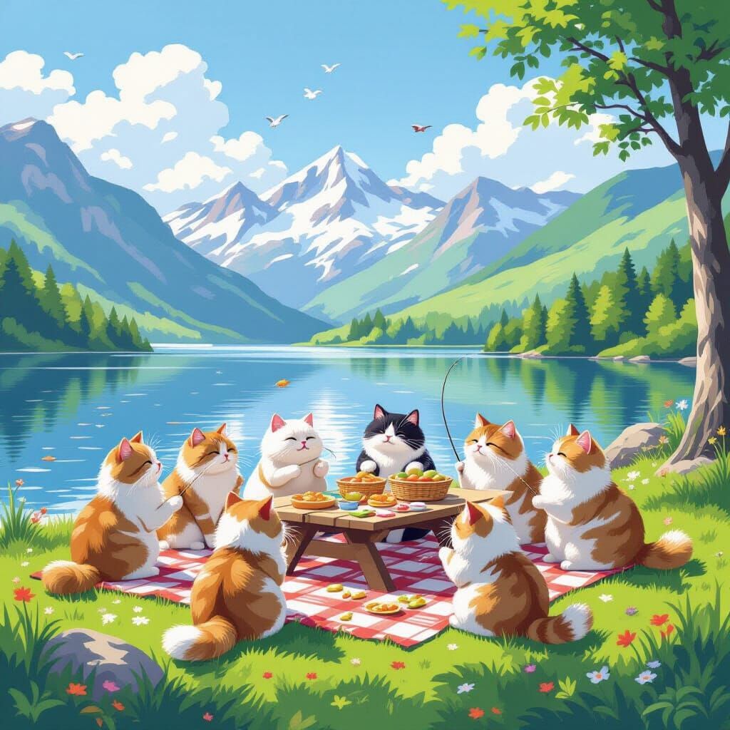 Fluffy Cats Picnic by Lake in Painterly Style