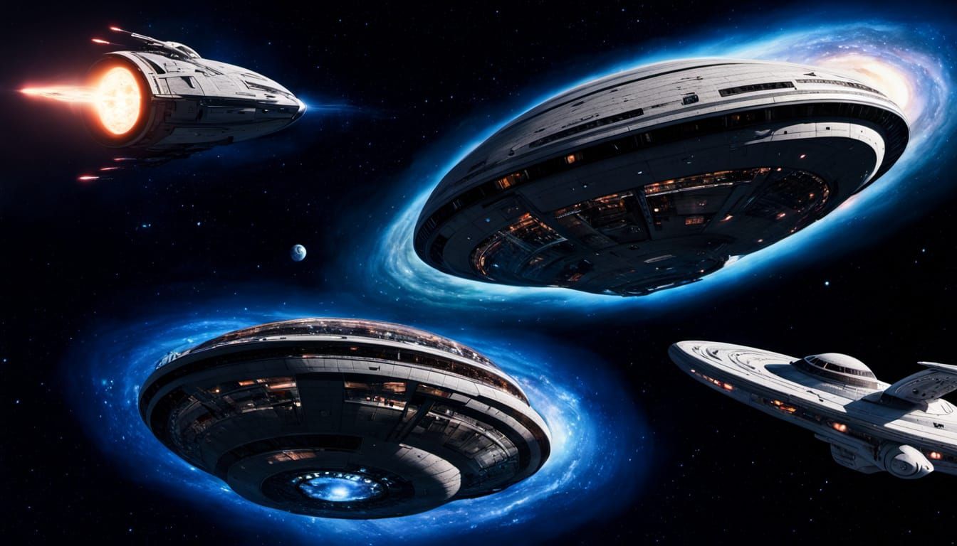 Epic Space Opera Scene with Spherical Spaceships and Nebulae